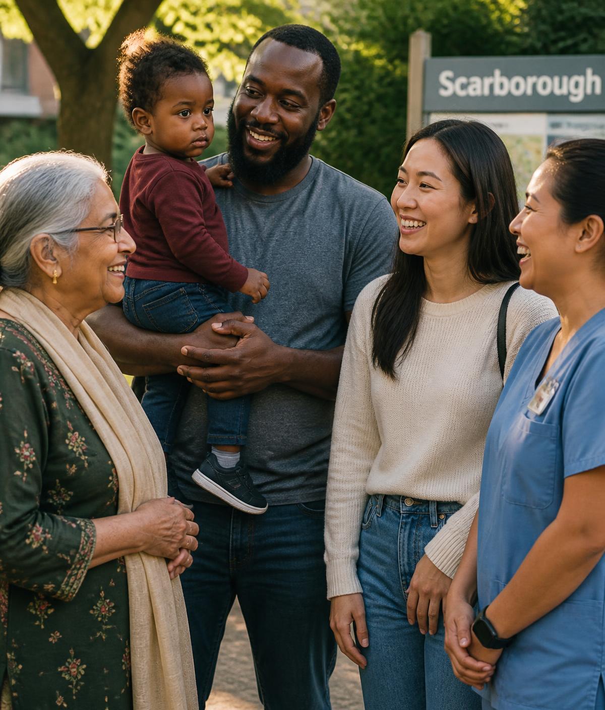 Neighbours of different ages and backgrounds talking together with a nurse outdoors in Scarborough